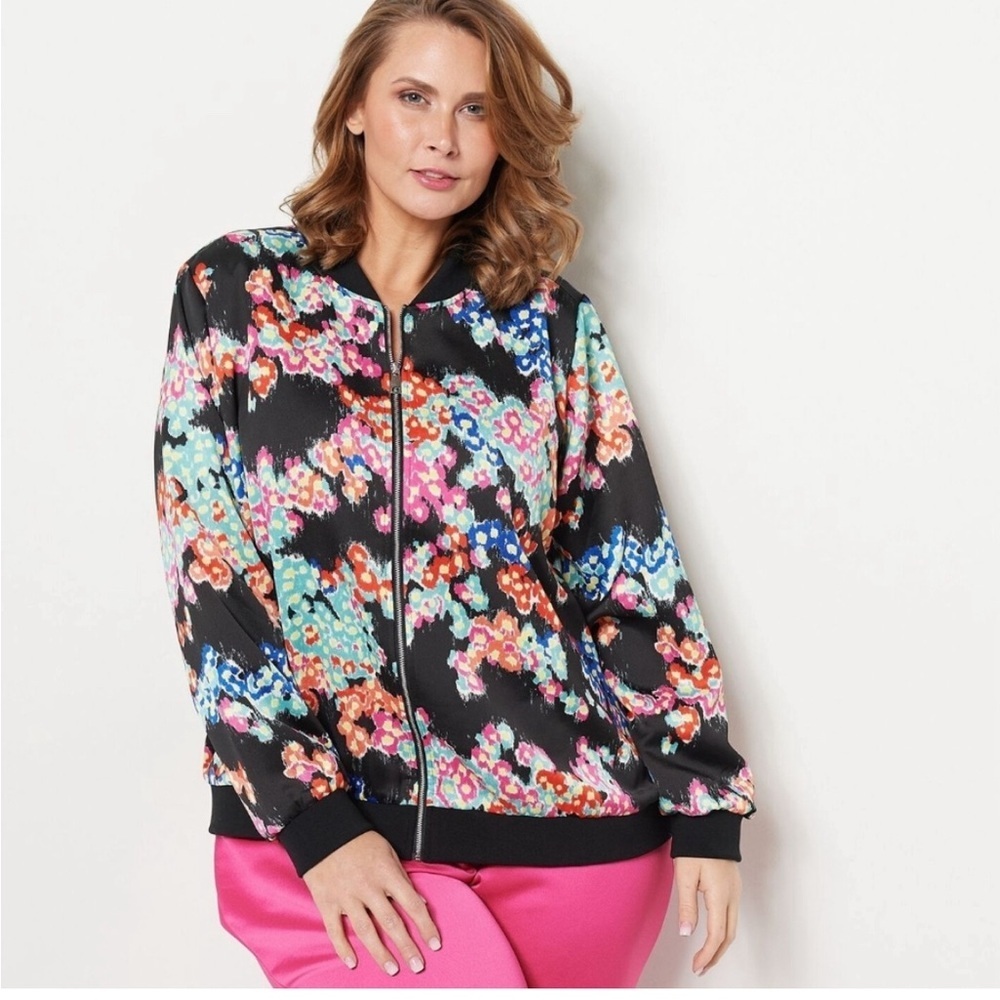J Jason Wu Printed Floral Abstract Black Bomber Zip Up Jacket Size M